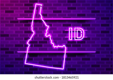 Idaho US state glowing neon lamp sign. Realistic vector illustration. Purple brick wall, violet glow, metal holders.