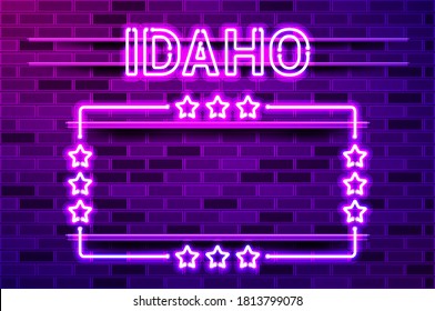 Idaho US State glowing purple neon lettering and a rectangular frame with stars. Realistic vector illustration. Purple brick wall, violet glow, metal holders.