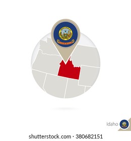 Idaho US State map and flag in circle. Map of Idaho, Idaho flag pin. Map of Idaho in the style of the globe. Vector Illustration.