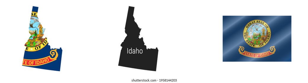 Idaho US state map with masked flag. Detailed silhouette. Waving flag. Vector illustration isolated on white.