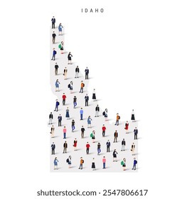 Idaho US state population map. Large group of realistic a diverse crowd of people figures. Flat vector illustration isolated on white.