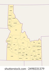 Idaho, U.S. state, subdivided into 44 counties, political map with borders and county names. State in the Mountain West region of the United States, nicknamed The Gem State, or The Potato State.