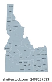 Idaho, U.S. state, subdivided into 44 counties, gray political map with borders and county names. State in the Mountain West region of the United States, nicknamed The Gem State, or The Potato State.