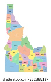 Idaho, estado dos EUA, subdividido em 44 condados, mapa político multicolorido com a capital Boise, fronteiras e nomes de condados. Estado na região Mountain West dos EUA. Gem State, ou também Potato State.