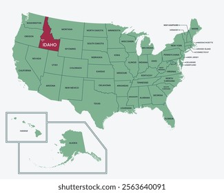 Idaho, USA. Editable isolated blank vector map of United states, highlighted at state of Idaho.