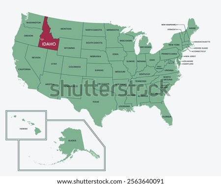 Idaho, USA. Editable isolated blank vector map of United states, highlighted at state of Idaho.