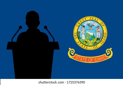 Idaho USA Flag Background Man Speaks. Business Man Presentation Conference Concept.