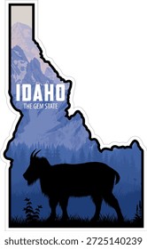 Etiqueta engomada del mapa de la etiqueta del Vector de Idaho con la cabra de las Montañas Rocosas en las Montañas Nubes Blancas