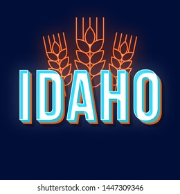 Idaho vintage 3d vector lettering. Retro bold font, typeface. Pop art stylized text. Old school style neon light letters. 90s, 80s poster, banner design. Wheat ears dark blue color background