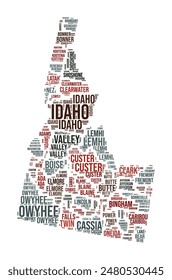 Idaho Word Cloud. State shape with county division. Idaho typography style image. County names tag clouds. Vector illustration.