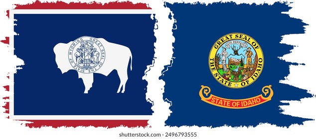 Idaho and Wyoming states grunge brush flags connection, vector