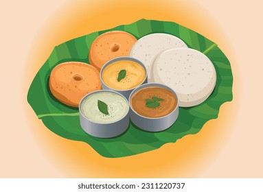 Idali and sambar with banana leaf and Chatni isolated as vector illustration.