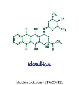 Idarubicin hand drawn vector formula chemical structure lettering blue green antileukemic drug