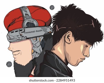 ide View of Two Sci-Fi Cyborg Men in a Digital Landscape