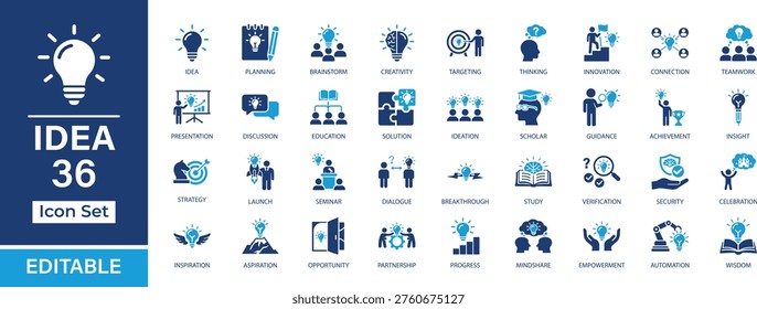 Idea 36 solid icon set. Brainstorm, creativity, thinking, strategy, teamwork, discovery and success vector icons. UI, UX, app, web, editable, scalable, isolated on transparent background.