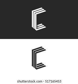 Idea 3D logo C letter isometric monogram, group initials CCC black and white simple emblem mockup, parallel lines 3D geometric shape