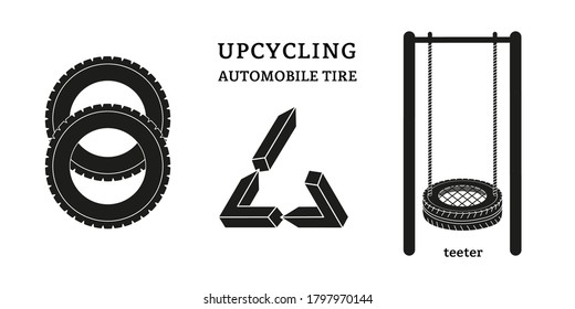 An idea about how to reuse car tires. Upcycle. Seesaw, the seat of the tyre.  Vector image, isolated on a white background.