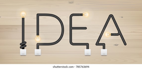 IDEA - Abstract alphabet of light bulb and light switch on wood texture background. Vector illustration.