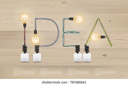 "IDEA" - Abstract alphabet of light bulb and light switch on wood texture background. Vector illustration.