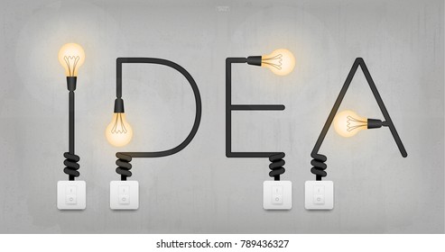 "IDEA" - Abstract linear alphabet of electric wire with light bulb and light switch on concrete wall background. Vector illustration.