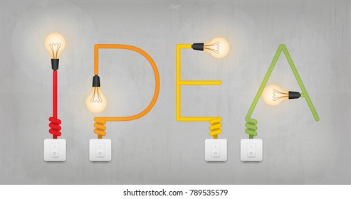 "IDEA" - Abstract linear alphabet of electric wire with light bulb and light switch on concrete wall background. Vector illustration.