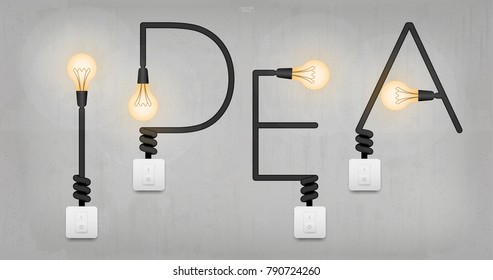 "IDEA" - Abstract linear alphabet of electric wire with light bulb and light switch on concrete wall background. Vector illustration.