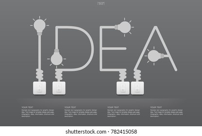 "Idea" Abstract linear alphabet of light bulb and light switch on gray background. Lamp and switch with area for infographic and text. Vector illustration.