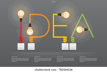 "Idea" Abstract linear alphabet of light bulb and light switch on gray background. Lamp and switch with area for infographic and text. Vector illustration.