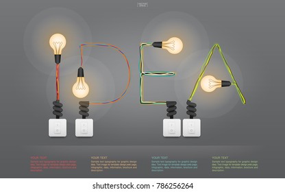 "IDEA" - Abstract linear alphabet of light bulb and light switch on gray background. Lamp and switch with area for infographic and text. Vector illustration.
