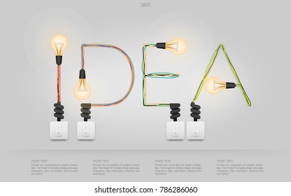 "IDEA" - Abstract linear alphabet of light bulb and light switch on white background. Lamp and switch with area for infographic and text. Vector illustration.