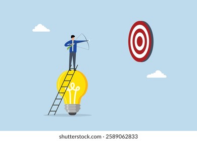 Idea to achieve target, entrepreneur ascends ladder on bright concept to aim at goal. 