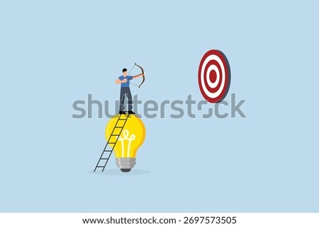 Idea to achieve target, entrepreneur ascends ladder on bright concept to aim at goal. 