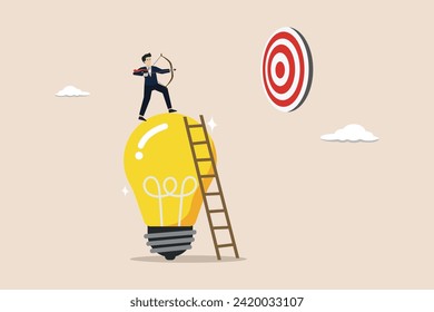 Idea to achieve target, solution or creativity concept, businessman climb up ladder on lightbulb idea to shoot at target.