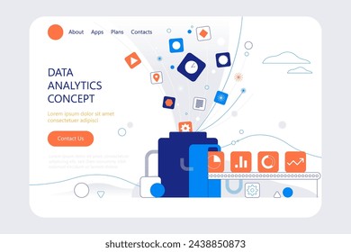 An idea of analytics. Depicting how raw data is processed to produce actionable information. People interacting with charts and analysing statistics. Data visualisation concept vector illustration