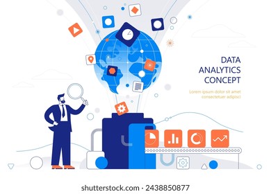 Una idea de analítica. Describir cómo se procesan los datos sin procesar para producir información procesable. Personas interactuando con gráficos y analizando estadísticas. Concepto de visualización de datos ilustración vectorial