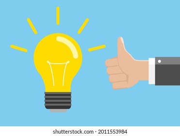 Idea and approval concept. Light bulb and hand with gesture of approval. Isolated vector