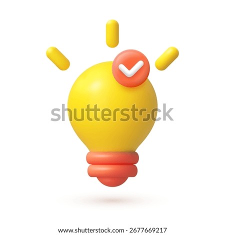 Idea Approved 3D vector Cartoon Lightbulb with Check Mark.