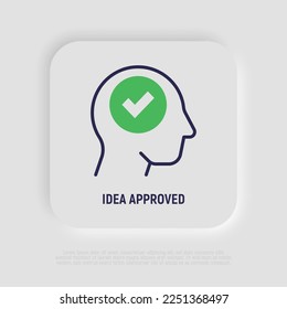Icono de línea delgada aprobado por Idea: marca de verificación en la cabeza humana. Decisión correcta, solución positiva. Ilustración vectorial.