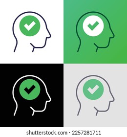 Idea approved thin line icon: check mark in human head. Right decision, positive solution. Vector illustration.