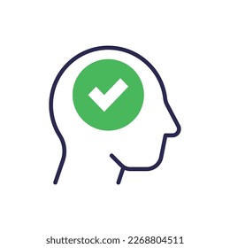 Icono de línea delgada aprobado por Idea: marca de verificación en la cabeza humana. Decisión correcta, solución positiva. Ilustración vectorial.