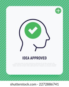 Idea approved thin line icon: check mark in human head. Right decision, positive solution. Vector illustration.