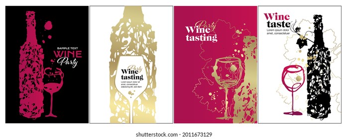 Idea of artistic designs with bottles and glasses of wine or drink. Hand drawn illustration. Idea with wine stains, drops. Vector