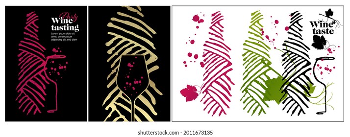 Idea of artistic designs with bottles and glasses of wine or drink. Sketch silhouette of vine leaves. Idea with wine stains, drops. Vector