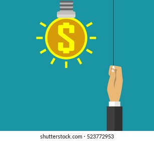 Idea attracting money concept in flat style. Hand turns on the light. Concept image of profitable innovation. Vector