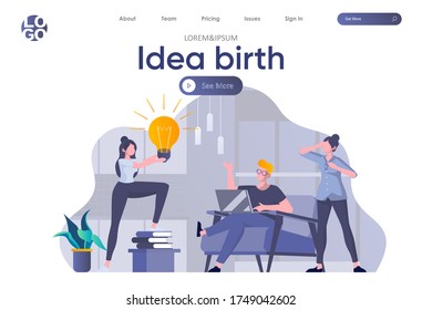 Idea birth landing page with header. Students discussing project, startup team brainstorming new great idea in office scene. Coworking, teamwork and creativity situation flat vector illustration.