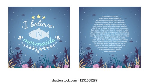 Idea of birthday card with phrase:"
I believe in mermaids". Blue undersea landscape. Vector. 