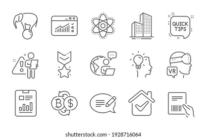 Idea, Bitcoin exchange and Report document line icons set. Parcel invoice, Web traffic and Message signs. Augmented reality, Skyscraper buildings and Chemistry atom symbols. Line icons set. Vector