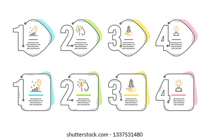 Idea, Bitcoin graph and Crowdfunding icons simple set. Education sign. Creative designer, Cryptocurrency analytics, Start business. Human idea. Education set. Infographic timeline. Line idea icon