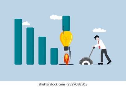 Idea para impulsar las ventas de empresas, solución a problemas de reducción de ingresos de empresas, esfuerzo para aumentar el concepto de beneficios de inversión, Businessman lanzando bombilla de ideas para empujar el gráfico de barras de tendencia descendente hacia el cielo. 