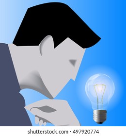 Idea born business concept. Pensive businessman in business suit looks on glowing light bulb. Concept of innovation, solution, idea born. Vector illustration. Use as template, logo, background